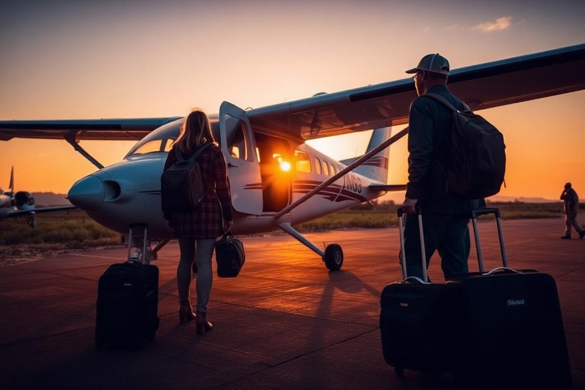 Travellers boarding a light aircraft on a bush airstrip