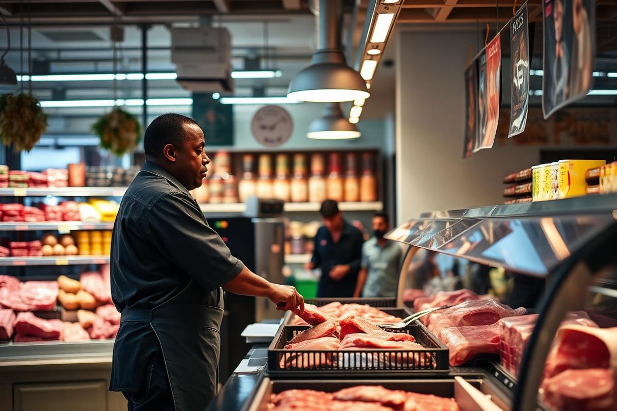 Butcher serving a customer at the fresh meat counter