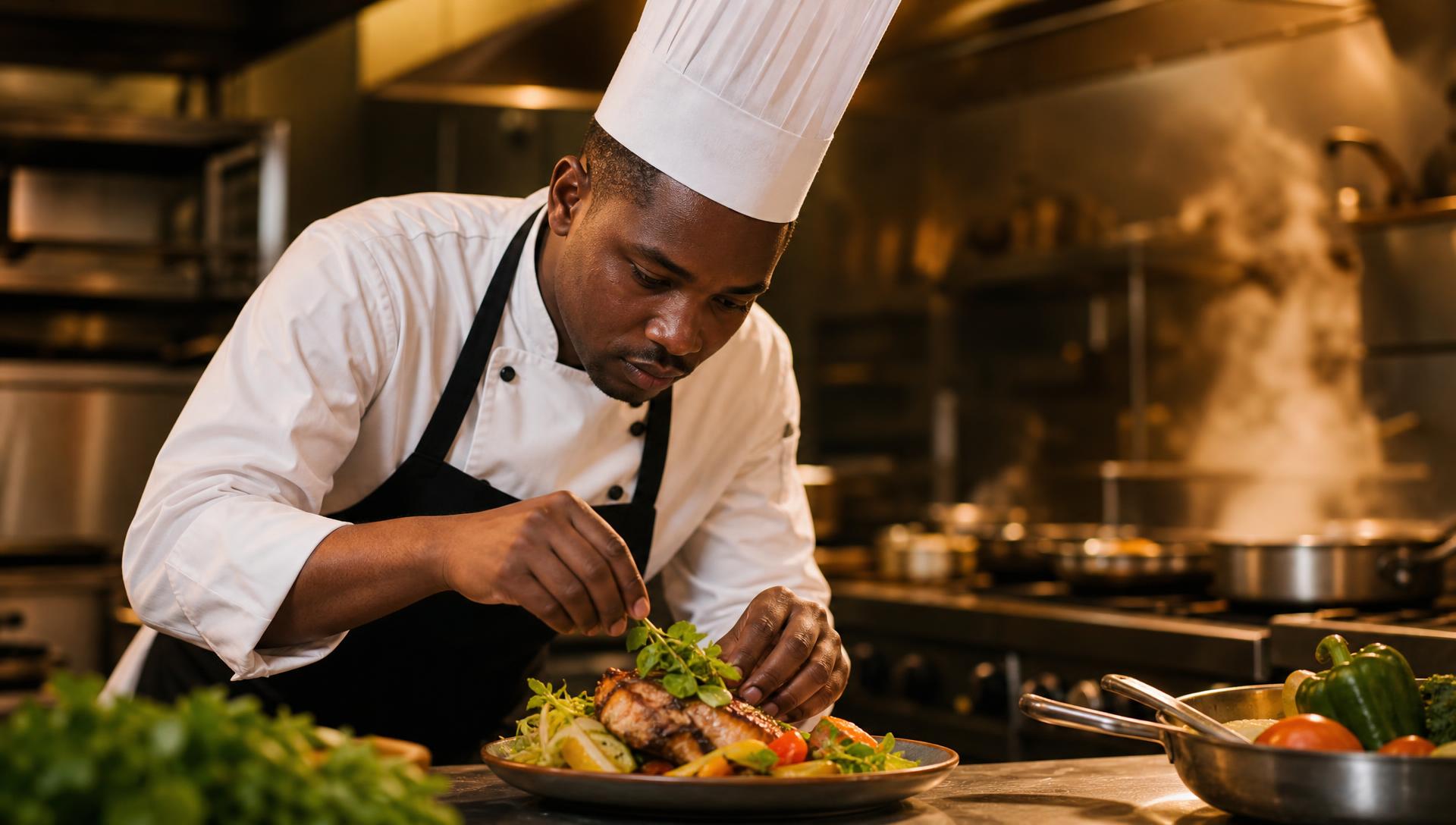 Chef plating a dish in the kitchen