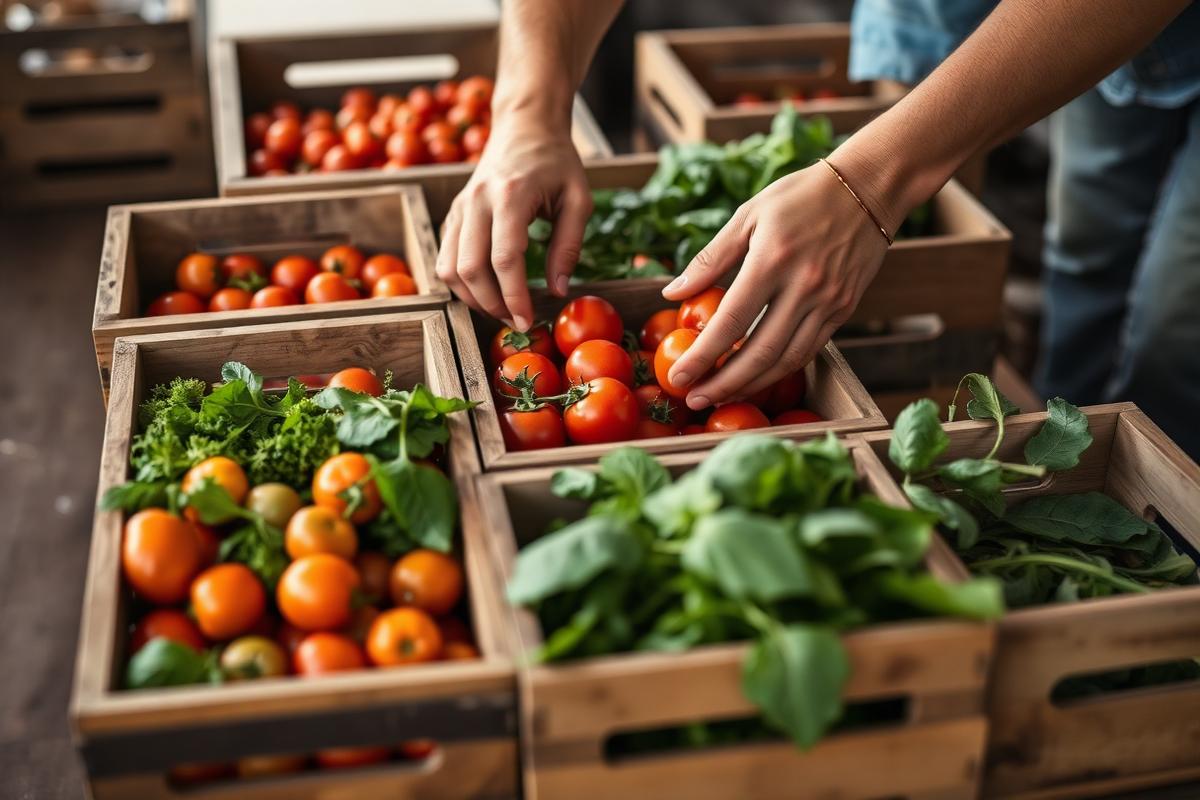 Harvested tomatoes and greens packed into crates