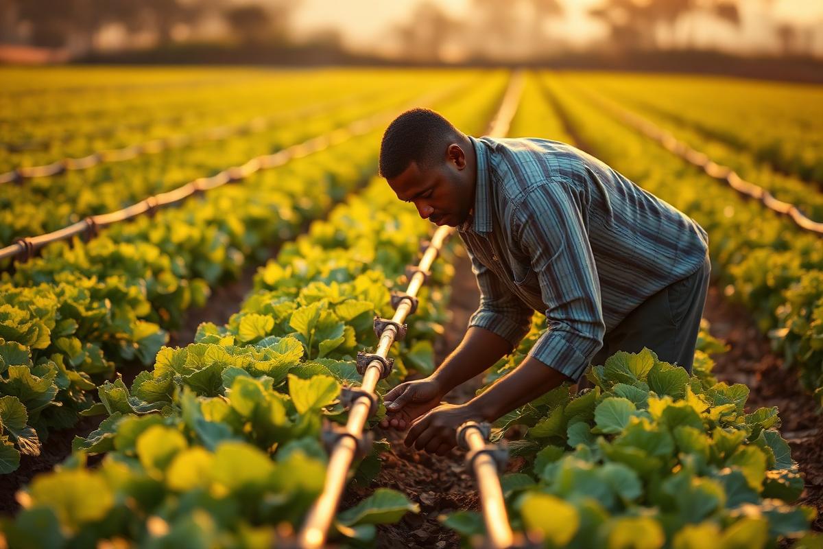 Farmer checking irrigation lines in a vegetable field