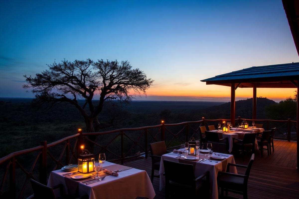 Lantern-lit lodge terrace at dusk