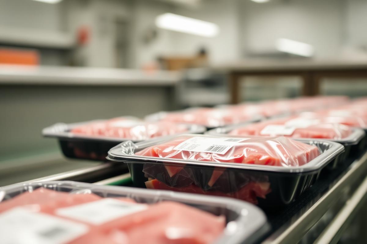 Sealed and labelled fresh meat trays