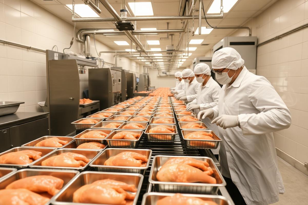 Workers on a hygienic food processing line