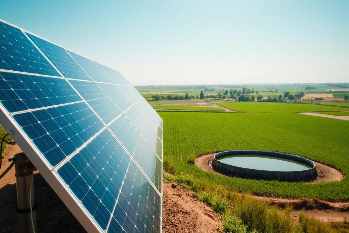 Solar panels powering an irrigated farm field