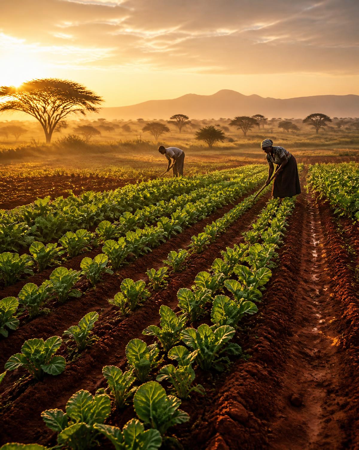 Farm workers tending rows of crops in red Zimbabwean soil at sunrise