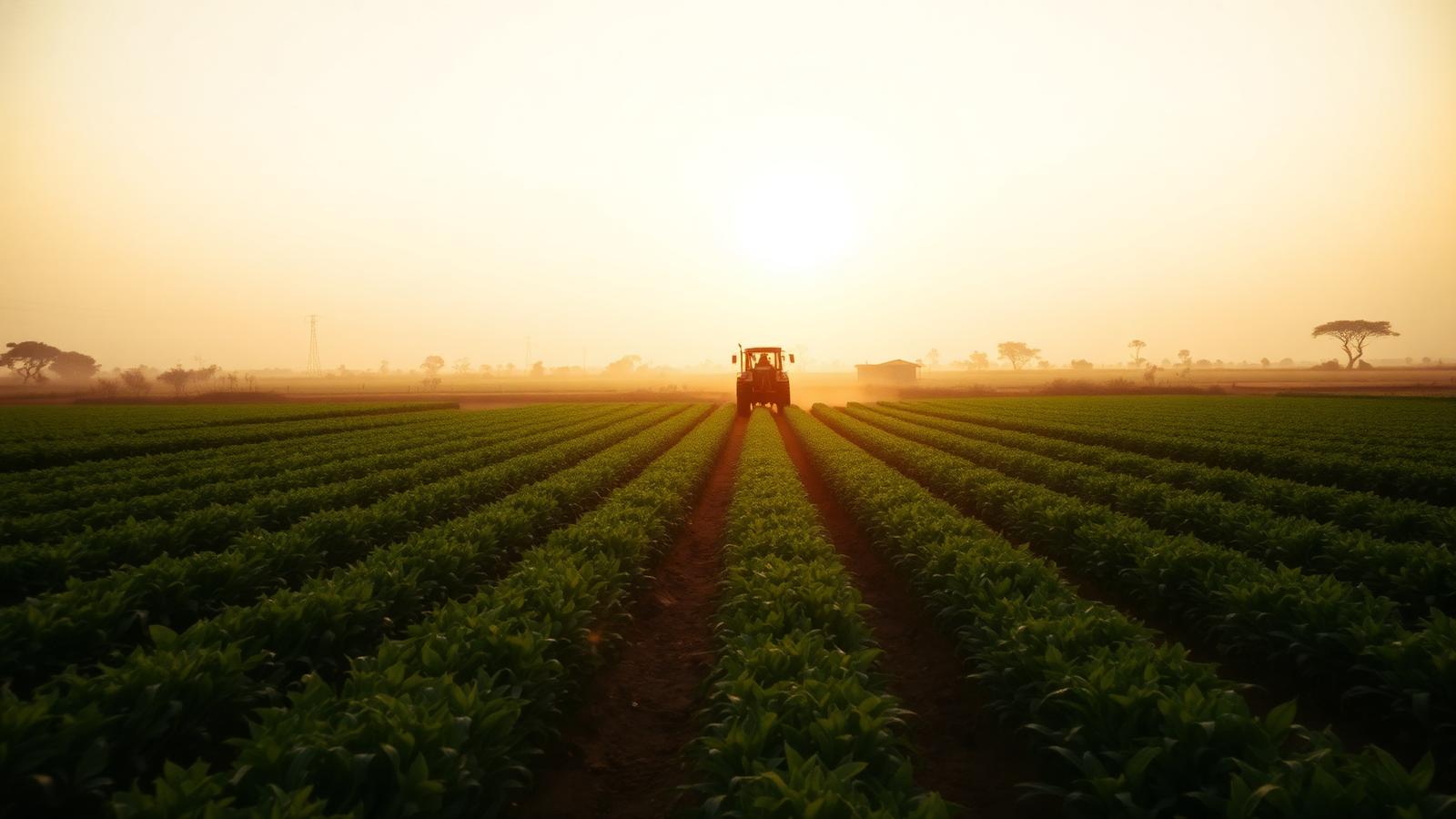 Rows of green crops on a Zimbabwean farm at sunrise with a tractor working the land