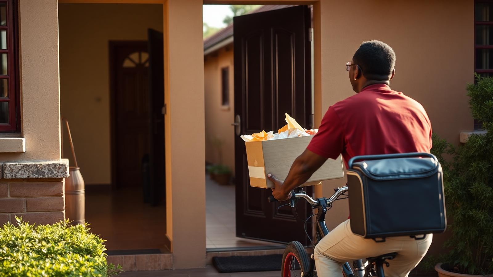 Delivery rider handing a fresh food order to a customer at a home doorway