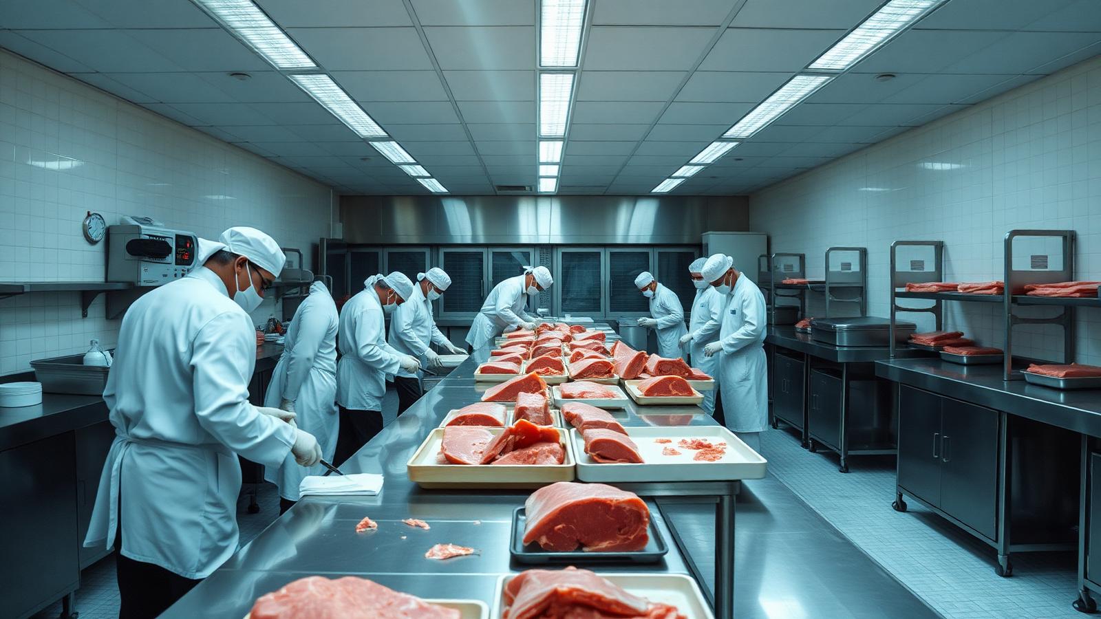 Clean modern food processing facility with fresh cuts being prepared and packed