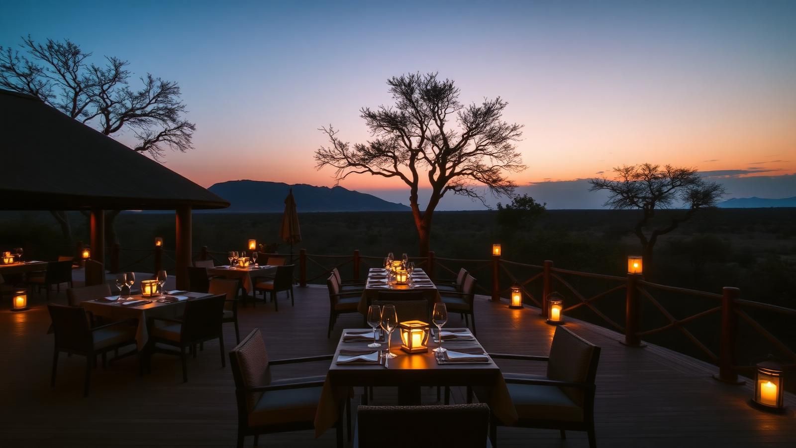 Safari lodge terrace at dusk with lantern-lit dining tables overlooking the bush