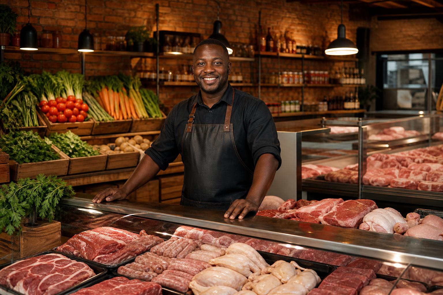 Interior of a modern butchery and fresh food shop with display fridges and produce crates