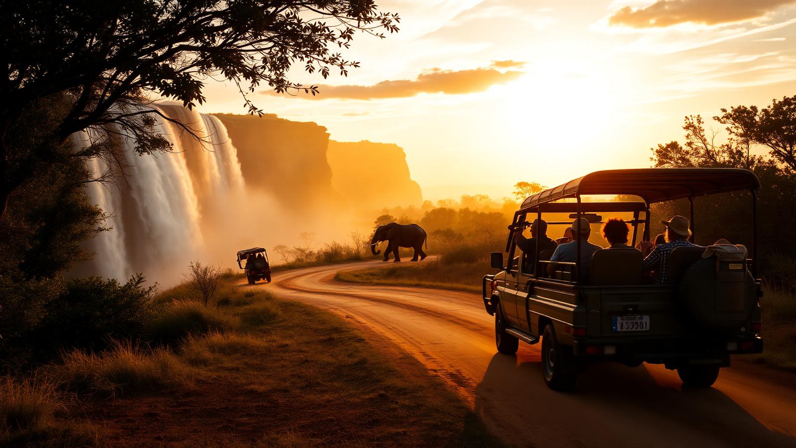 Safari vehicle on a dusty track near Victoria Falls at golden hour