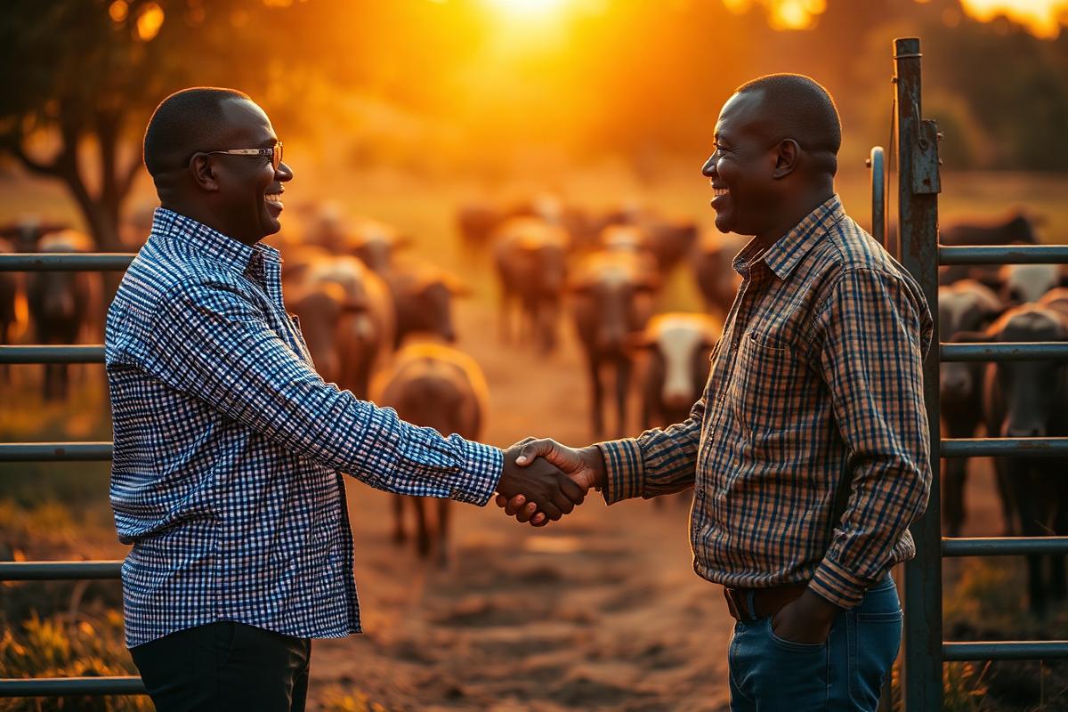 Two business partners shaking hands at a farm gate