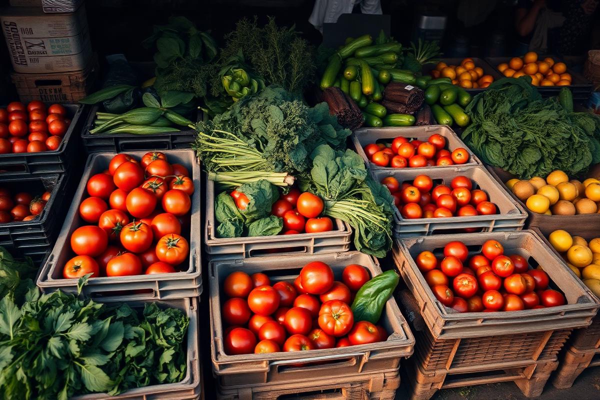 Crates of fresh vegetables and fruit
