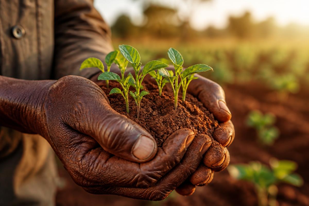 Hands holding rich red soil with young green seedlings